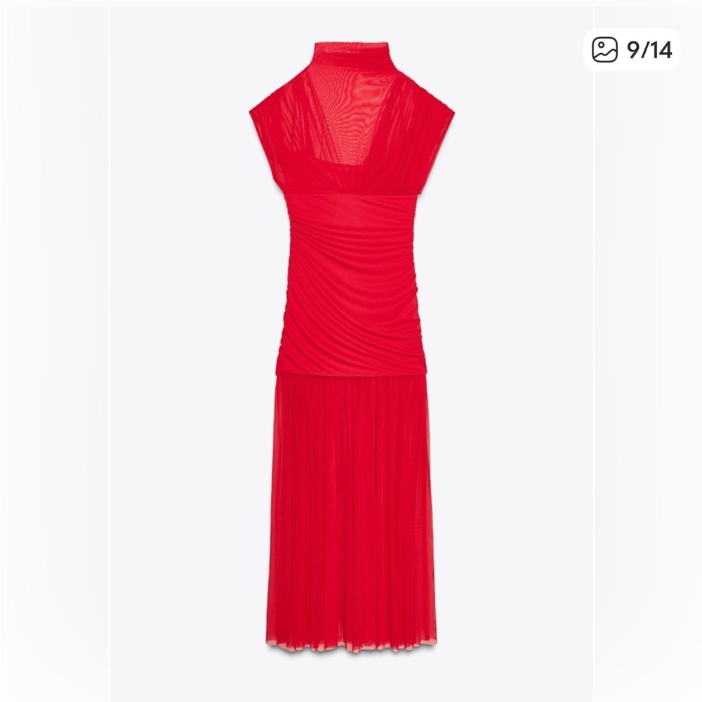 Zara NWT combination tulle midi dress red 4772/352 - Picture 8 of 15